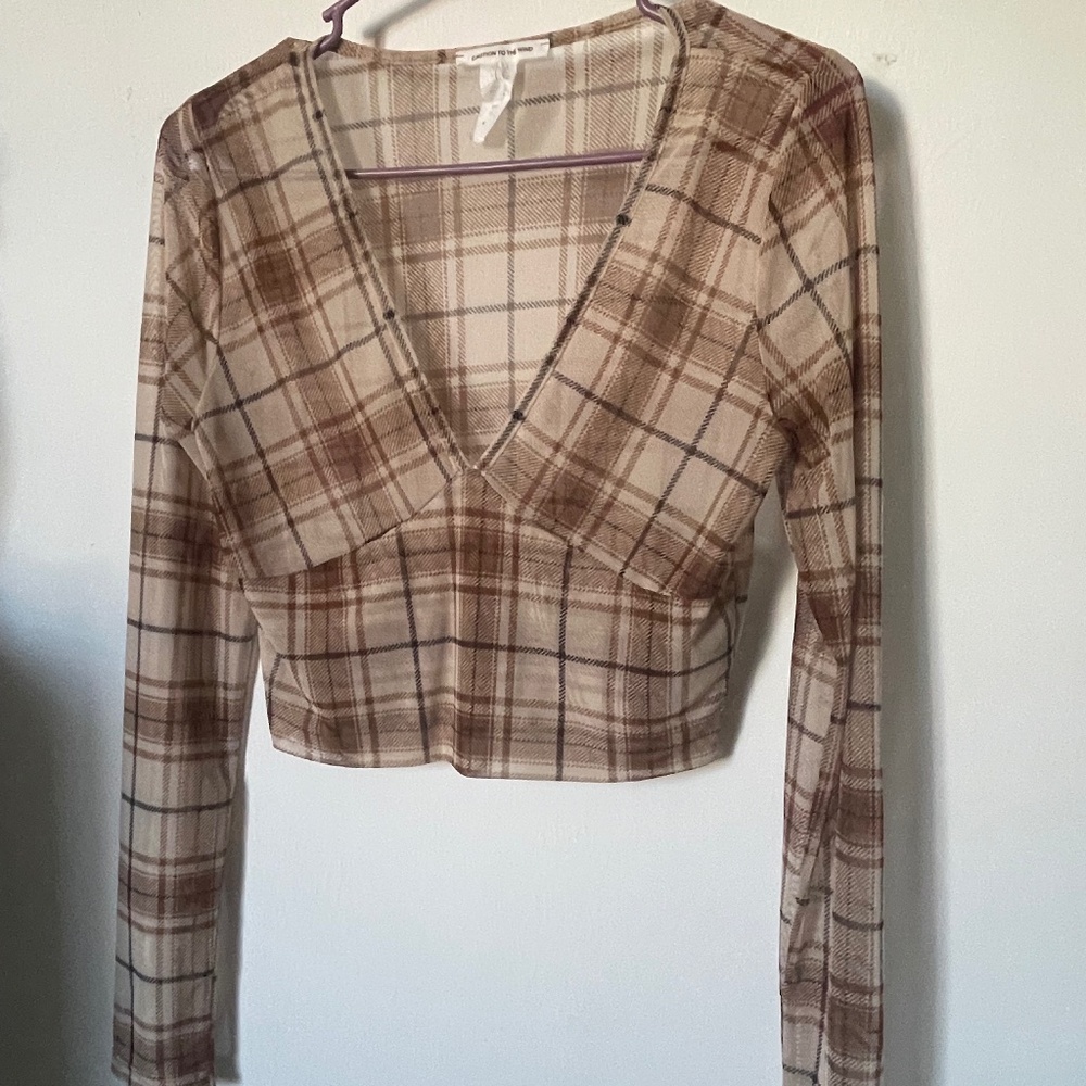 Caution to the Wind Sheer Plaid Mesh Long Sleeve Top | Brown Neutral Check | L